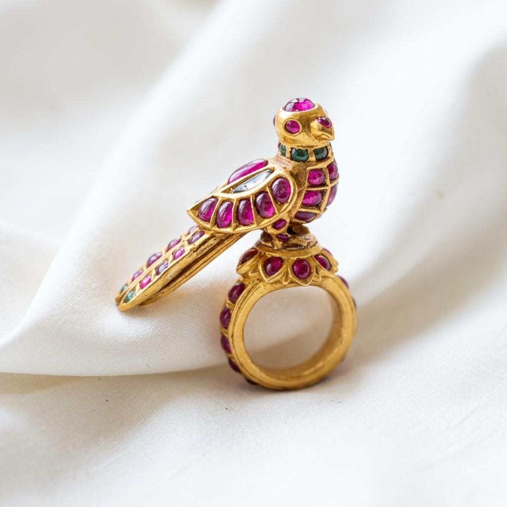 Handcrafted Mughal Parrot Ring | Ruby & Emerald 925 Sterling Silver Statement Jewelry