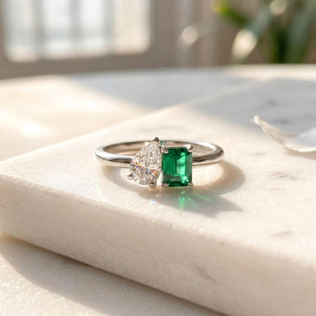 Toi Et Moi Moissanite & Emerald Ring | Two Stone Engagement Ring | 925 Sterling Silver