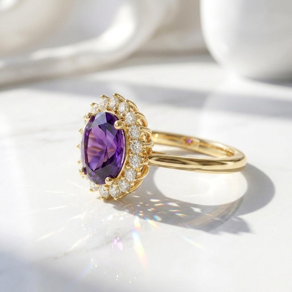 Oval Amethyst Halo Ring | 925 Silver Gold Plated | February Birthstone | Cluster Ring | Amethyst Engagement Ring | Gift For Wife