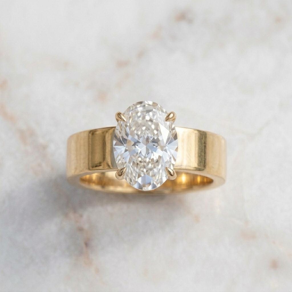 Men's Oval Moissanite Solitaire Ring | Wide Band Ring for Men | 18K Gold Plated 925 Silver | 3ct Diamond Alternative| Unisex Engagement Ring
