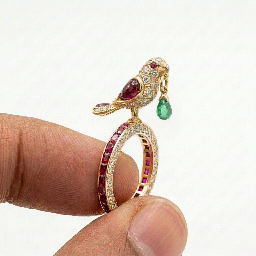 Bird Ring Ruby Emerald 925 Silver | Parrot Statement Ring | Ruby Eternity Band | Gemstone Cocktail Ring | Unique Animal Ring Gift For Her