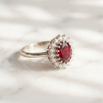 Load image into Gallery viewer, Oval Red Garnet Halo Ring 925 Silver | Moissanite Assent Halo Ring | Princess Diana Style Ring | Garnet Engagement Ring Gift Her