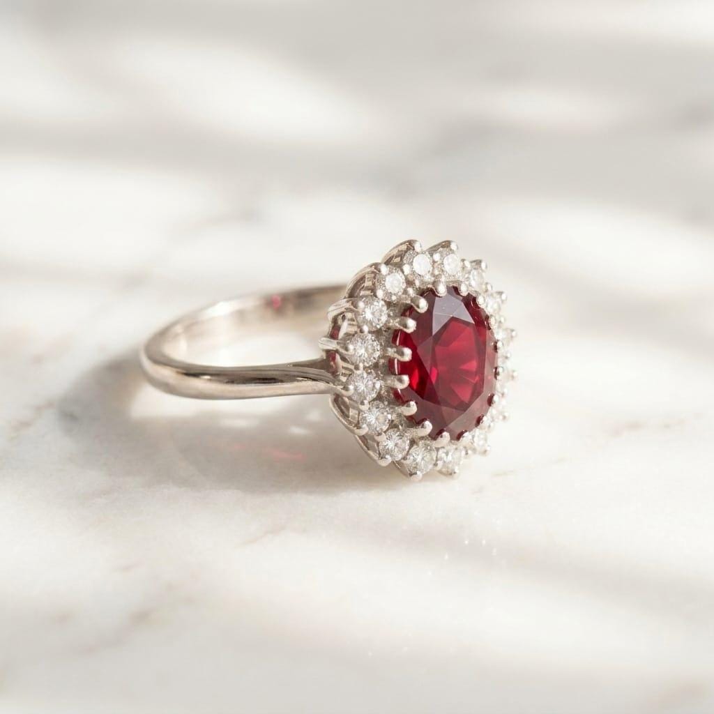 Oval Red Garnet Halo Ring 925 Silver | Moissanite Assent Halo Ring | Princess Diana Style Ring | Garnet Engagement Ring Gift Her