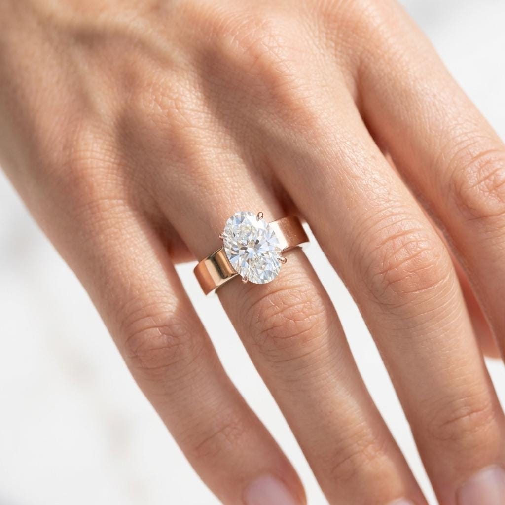 Men's Oval Moissanite Solitaire Ring | Wide Band Ring for Men | 18K Gold Plated 925 Silver | 3ct Diamond Alternative| Unisex Engagement Ring