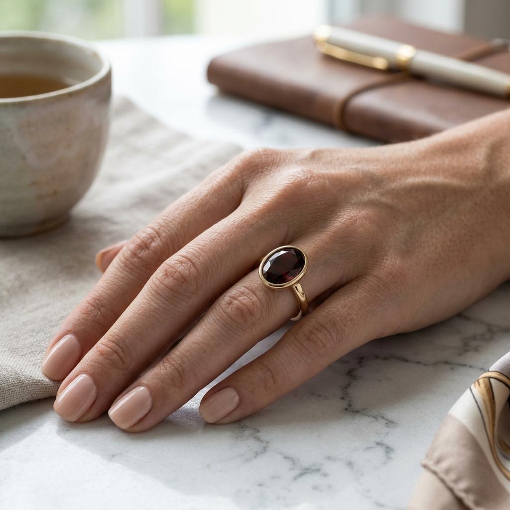 Oval Garnet Solitaire Ring 925 Silver Gold Plated | Bezel Set Red Gemstone Ring | January Birthstone Gift | Minimalist Statement Ring