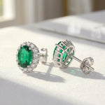 Load image into Gallery viewer, Oval Emerald Halo Stud Earrings 925 Silver | May Birthstone Pave Studs | Lab Emerald Bridal Jewelry | Anniversary Gift For Her | Green