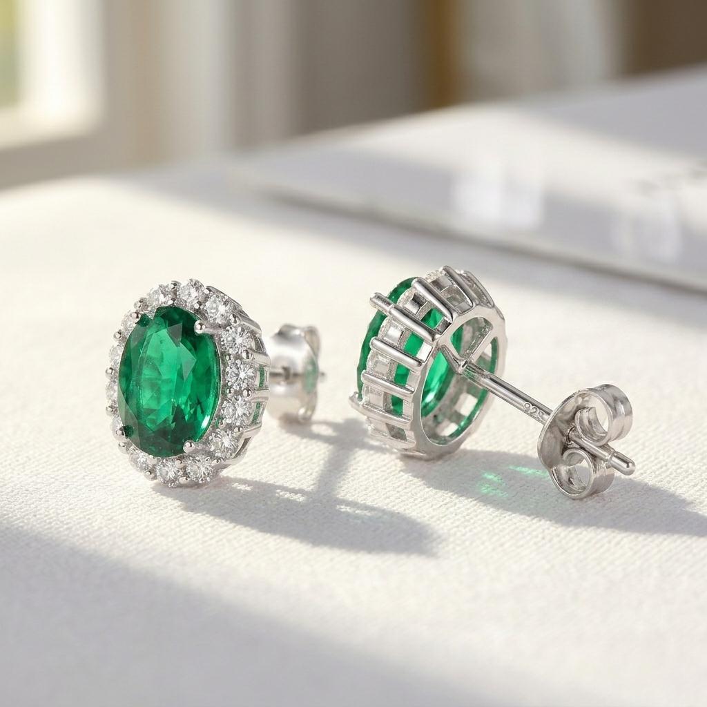 Oval Emerald Halo Stud Earrings 925 Silver | May Birthstone Pave Studs | Lab Emerald Bridal Jewelry | Anniversary Gift For Her | Green