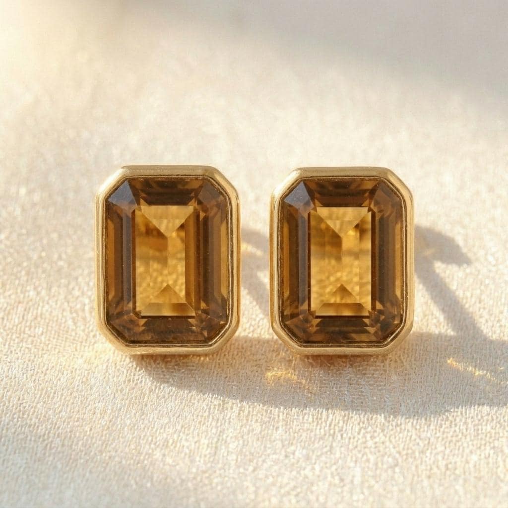 Smoky Quartz Emerald Cut Stud Earrings | Gold Bezel Solitaire Studs | Minimalist Gemstone Earrings For Women | Anniversary Gift For Her