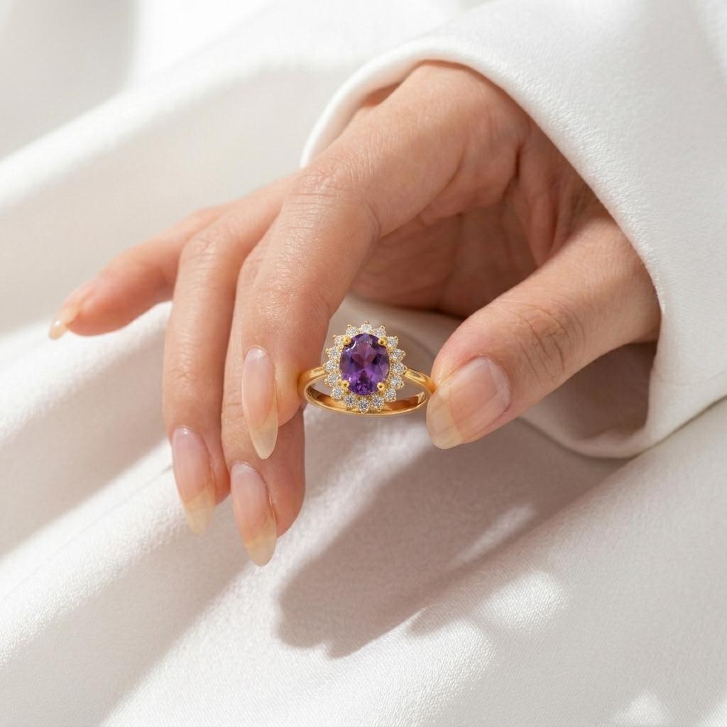Oval Amethyst Halo Ring | 925 Silver Gold Plated | February Birthstone | Cluster Ring | Amethyst Engagement Ring | Gift For Wife