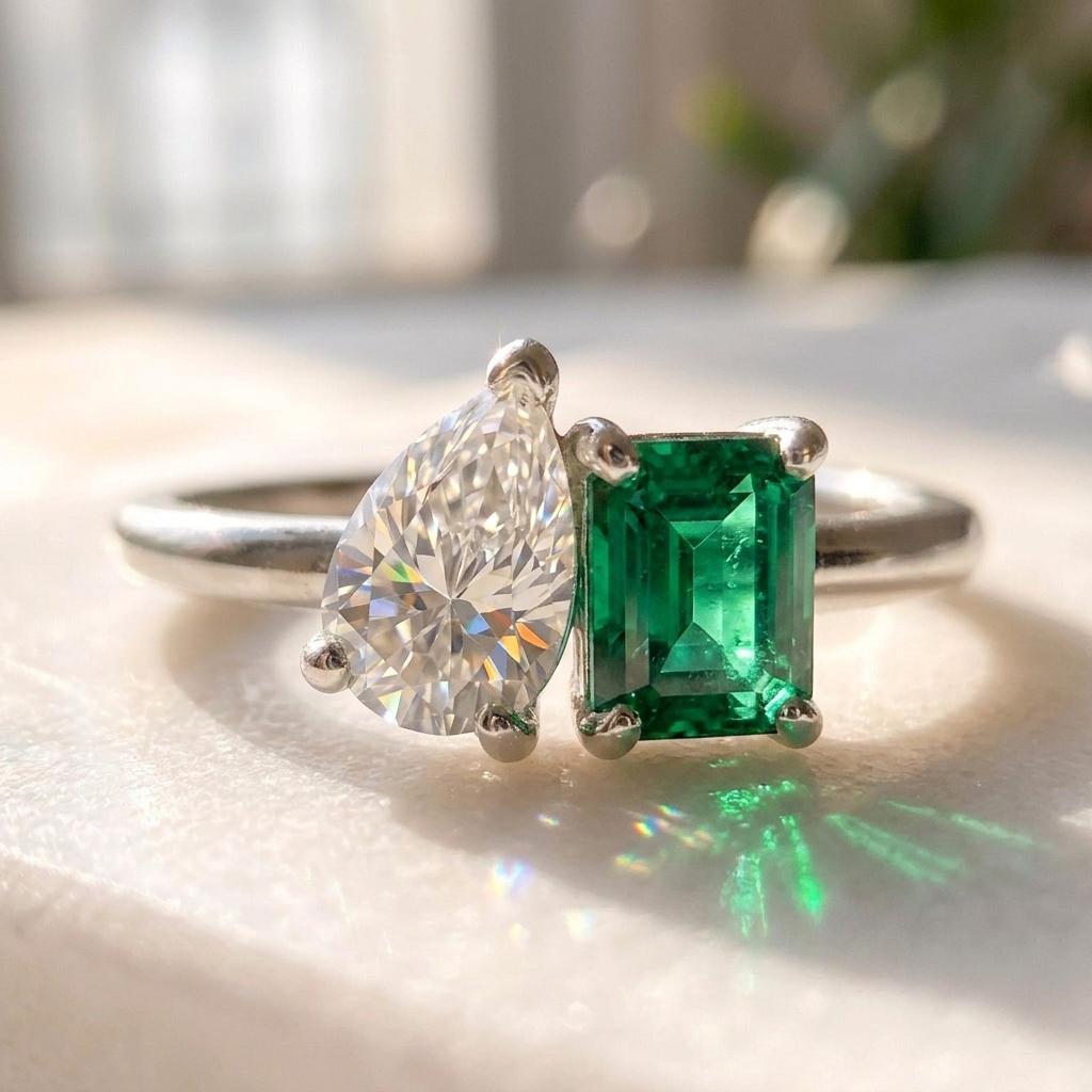 Toi Et Moi Moissanite & Emerald Ring | Two Stone Engagement Ring | 925 Sterling Silver