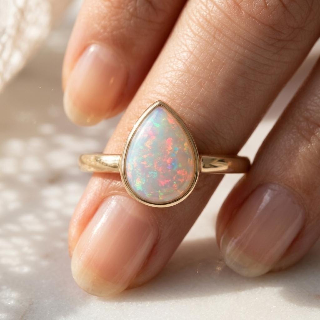 Natural Fire Opal Ring | Pear Cut Opal Bezel Ring Sterling Silver | Rose Gold Plated Ring | Engagement Ring | Boho Opal Ring