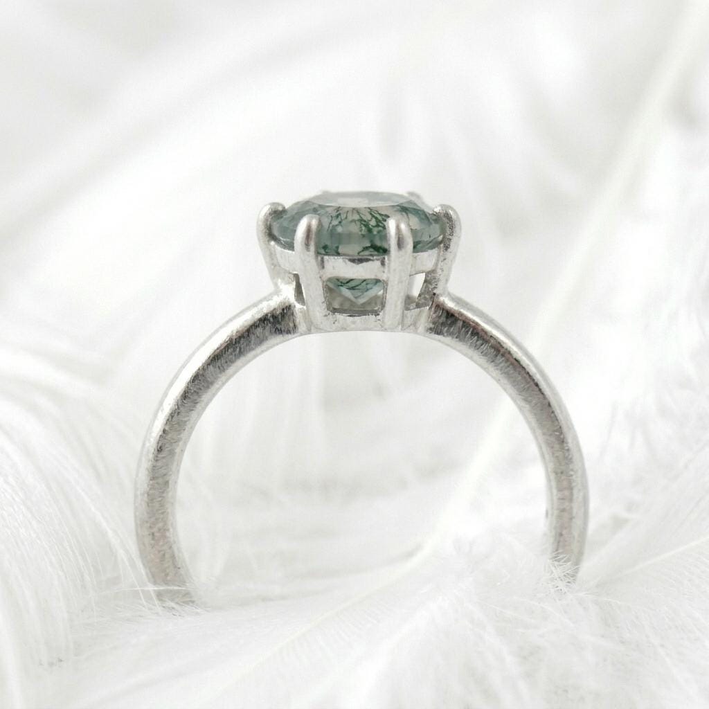 Moss Agate Ring 925 Sterling Silver | Round Rose Cut Solitaire | Hammered Band Promise Ring | Nature Engagement Ring Gift For Her