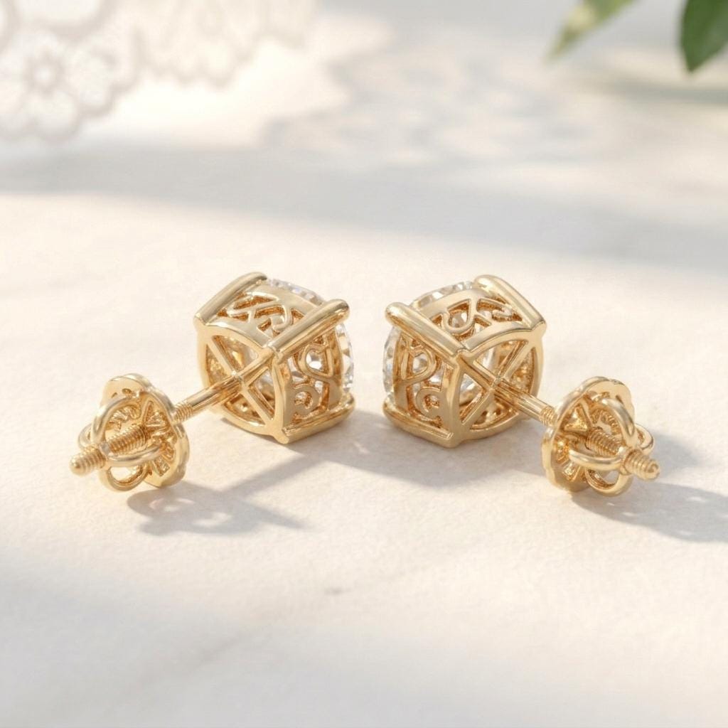 Moissanite Stud Earrings Gold | Round Brilliant Filigree Basket Setting | 18k Gold Plated 925 Silver | Bridal Earrings | Gift For Her