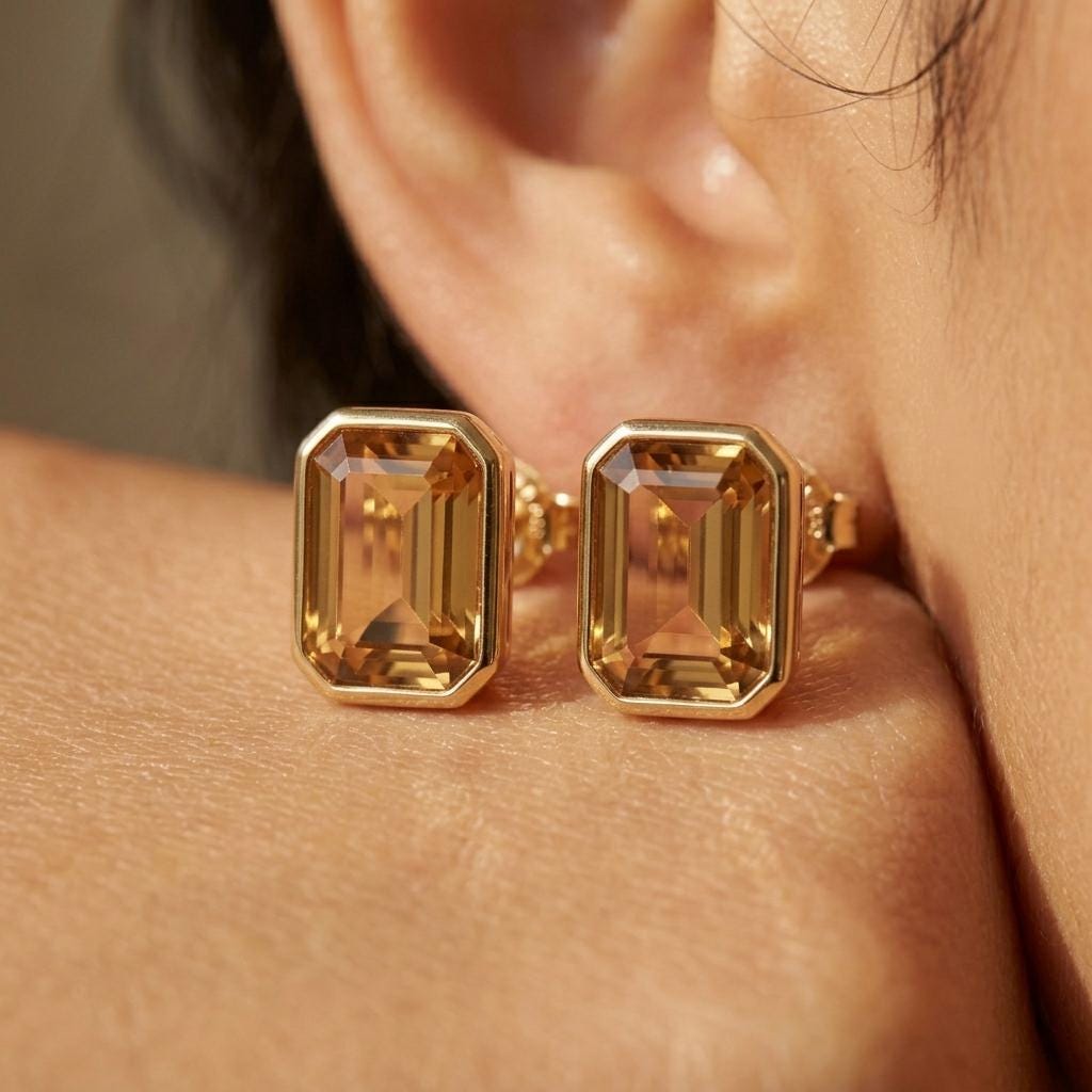 Smoky Quartz Emerald Cut Stud Earrings | Gold Bezel Solitaire Studs | Minimalist Gemstone Earrings For Women | Anniversary Gift For Her