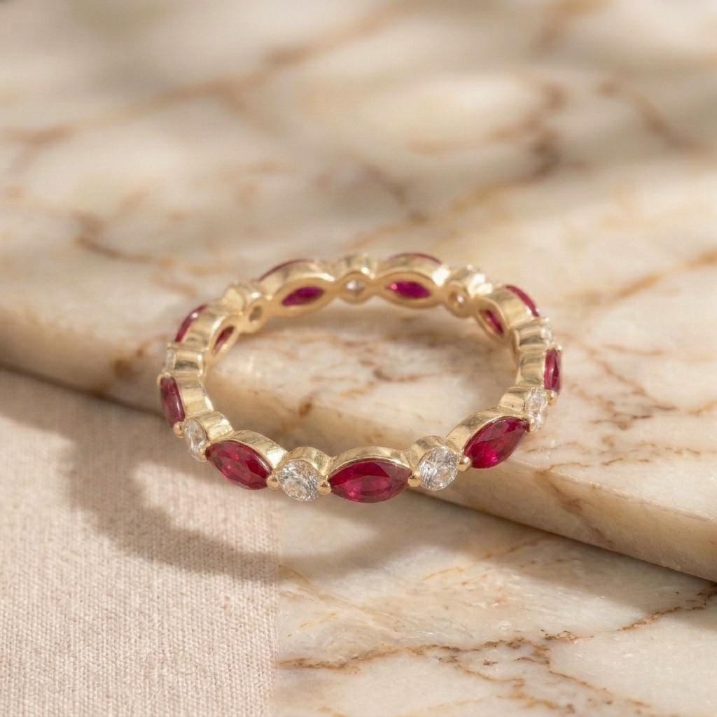 Ruby Moissanite Eternity Band Ring | Marquise Round Alternating Wedding Band | 18k Gold Plated 925 Silver | Stacking Bridal Anniversary Ring