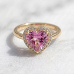 Load image into Gallery viewer, Pink Heart Halo Ring | Heart Cut CZ Stone Ring | 18K Gold Plated 925 Silver | Diamond Halo Engagement Ring | Promise Ring For Her