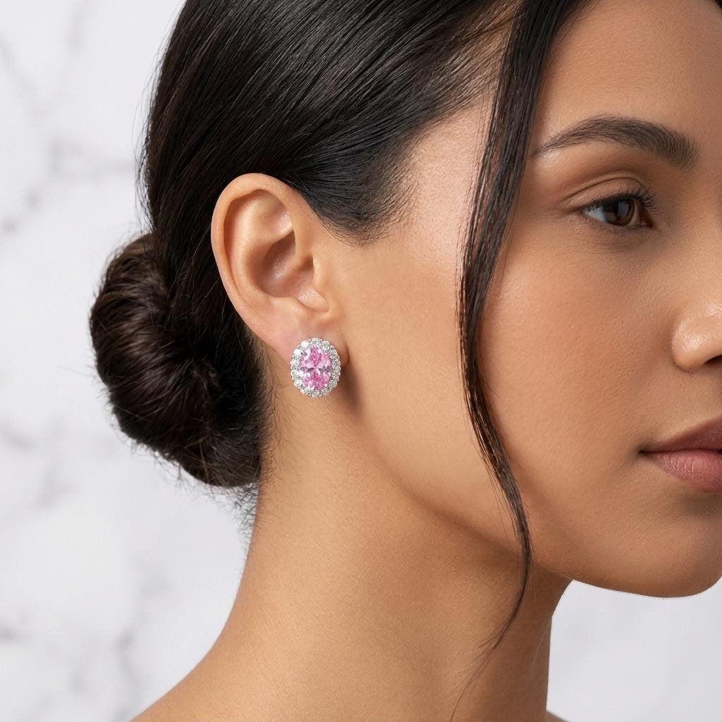Pink Moissanite Stud Earrings | Oval Halo Earrings | 925 Sterling Silver | Pink Gemstone Studs | Moissanite Jewelry | Anniversary Gift Her
