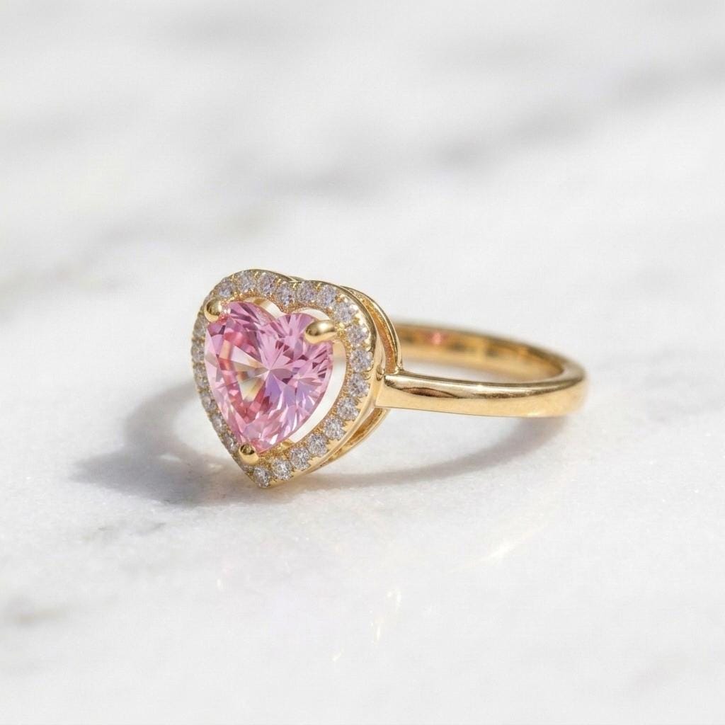 Pink Heart Halo Ring | Heart Cut CZ Stone Ring | 18K Gold Plated 925 Silver | Diamond Halo Engagement Ring | Promise Ring For Her