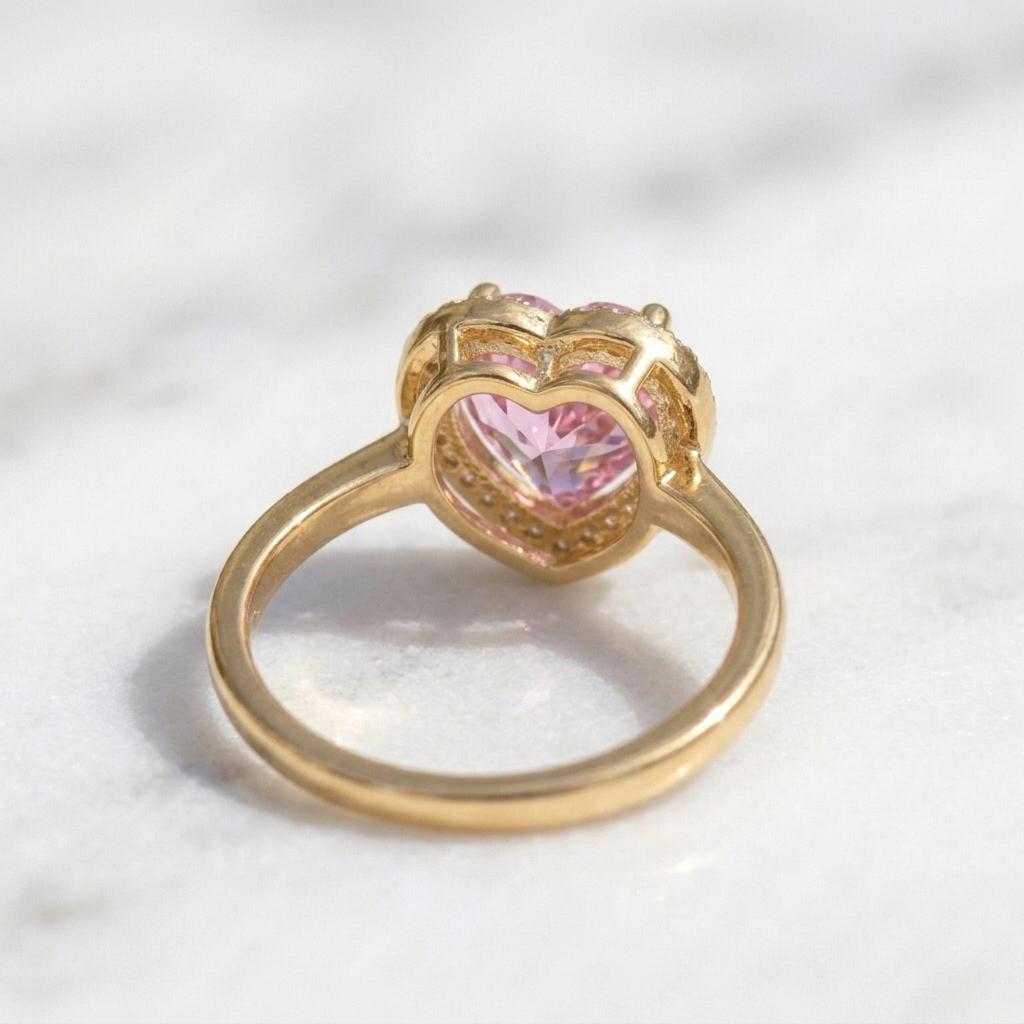 Pink Heart Halo Ring | Heart Cut CZ Stone Ring | 18K Gold Plated 925 Silver | Diamond Halo Engagement Ring | Promise Ring For Her