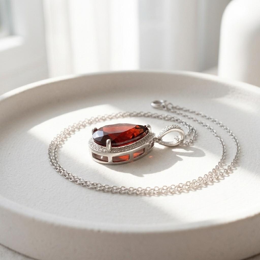 Red Garnet Pendant Necklace | Pear Cut Halo Pendant | 925 Sterling Silver | Garnet Jewelry | January Birthstone Gift | Statement Necklace