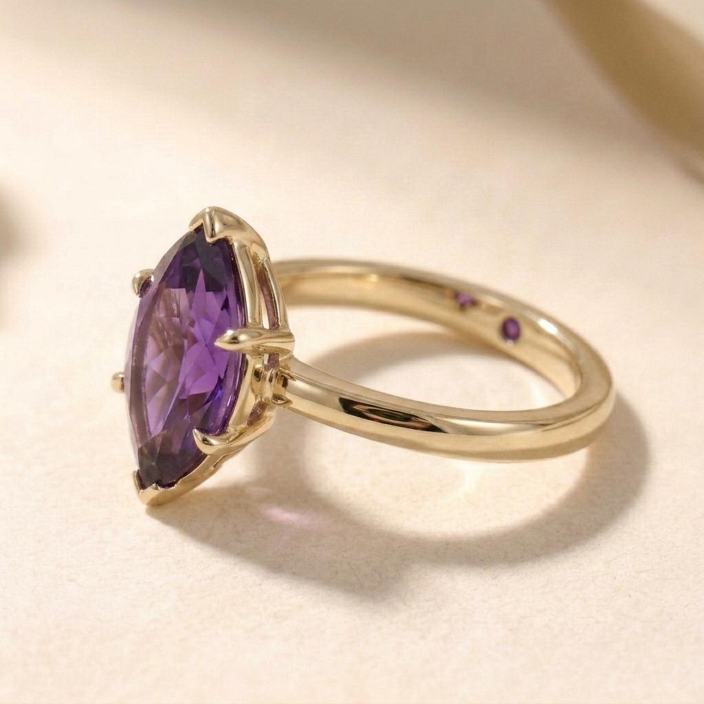 Marquise Amethyst Ring | 18k Gold Plated 925 Silver | Purple Gemstone Prong Setting Engagement Ring | Handmade Statement Ring For Women
