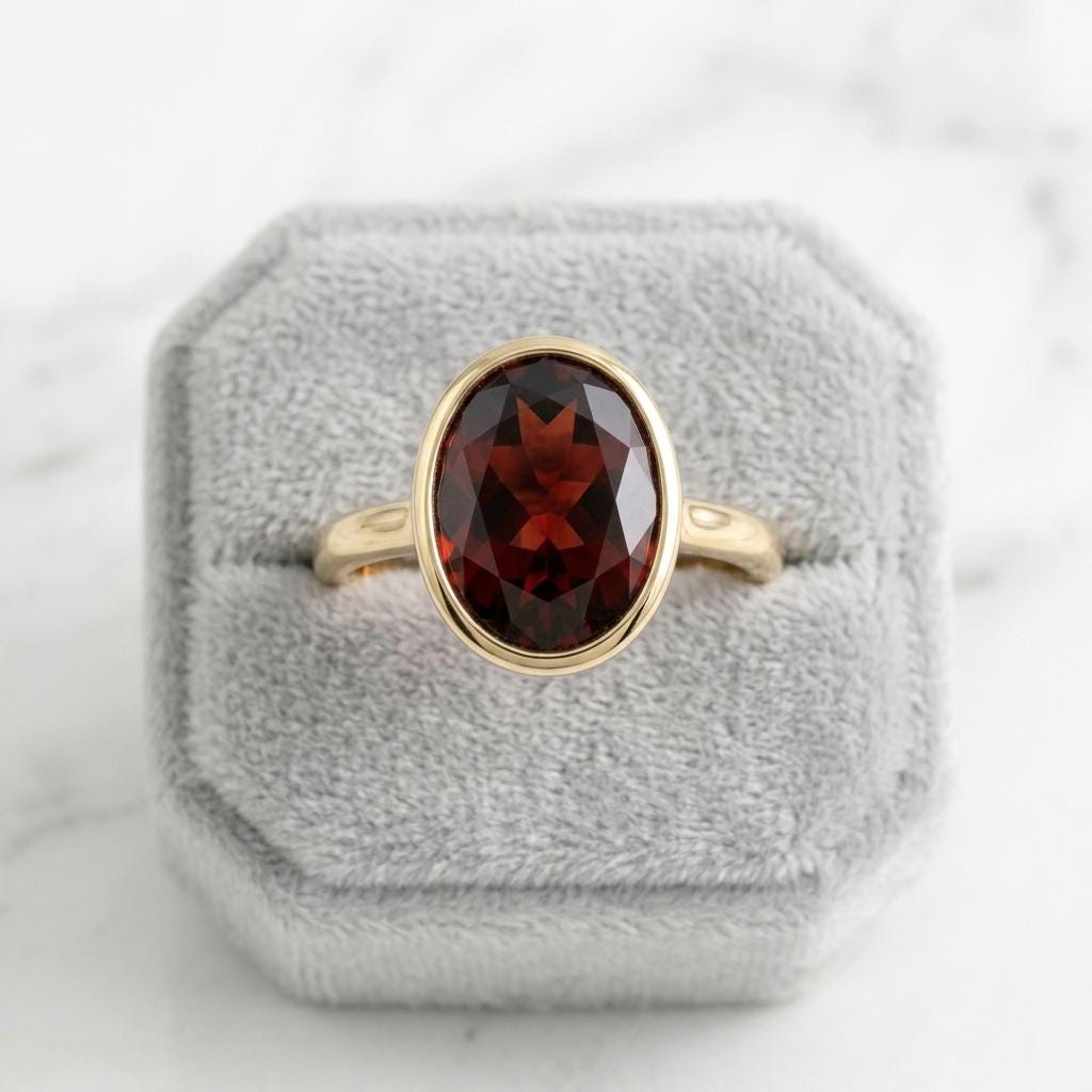 Oval Garnet Solitaire Ring 925 Silver Gold Plated | Bezel Set Red Gemstone Ring | January Birthstone Gift | Minimalist Statement Ring