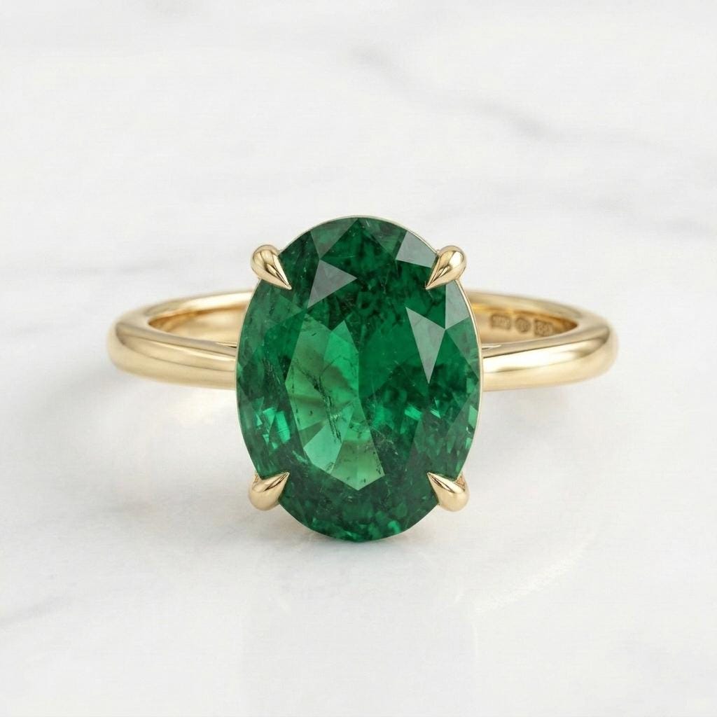 Oval Green Emerald Solitaire Ring