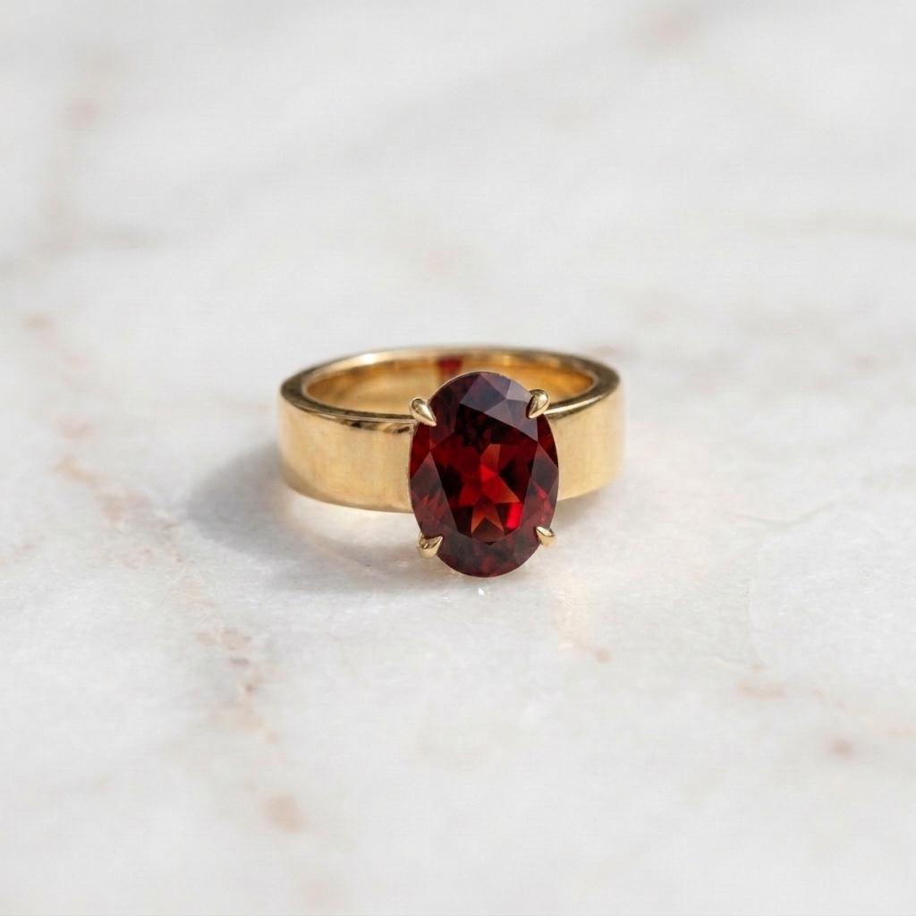 Men's Oval Garnet Solitaire Ring |  Wide Cigar Band Ring for Men | 18K Gold Plated 925 Silver | Red Gemstone Ring | Unisex Statement Ring