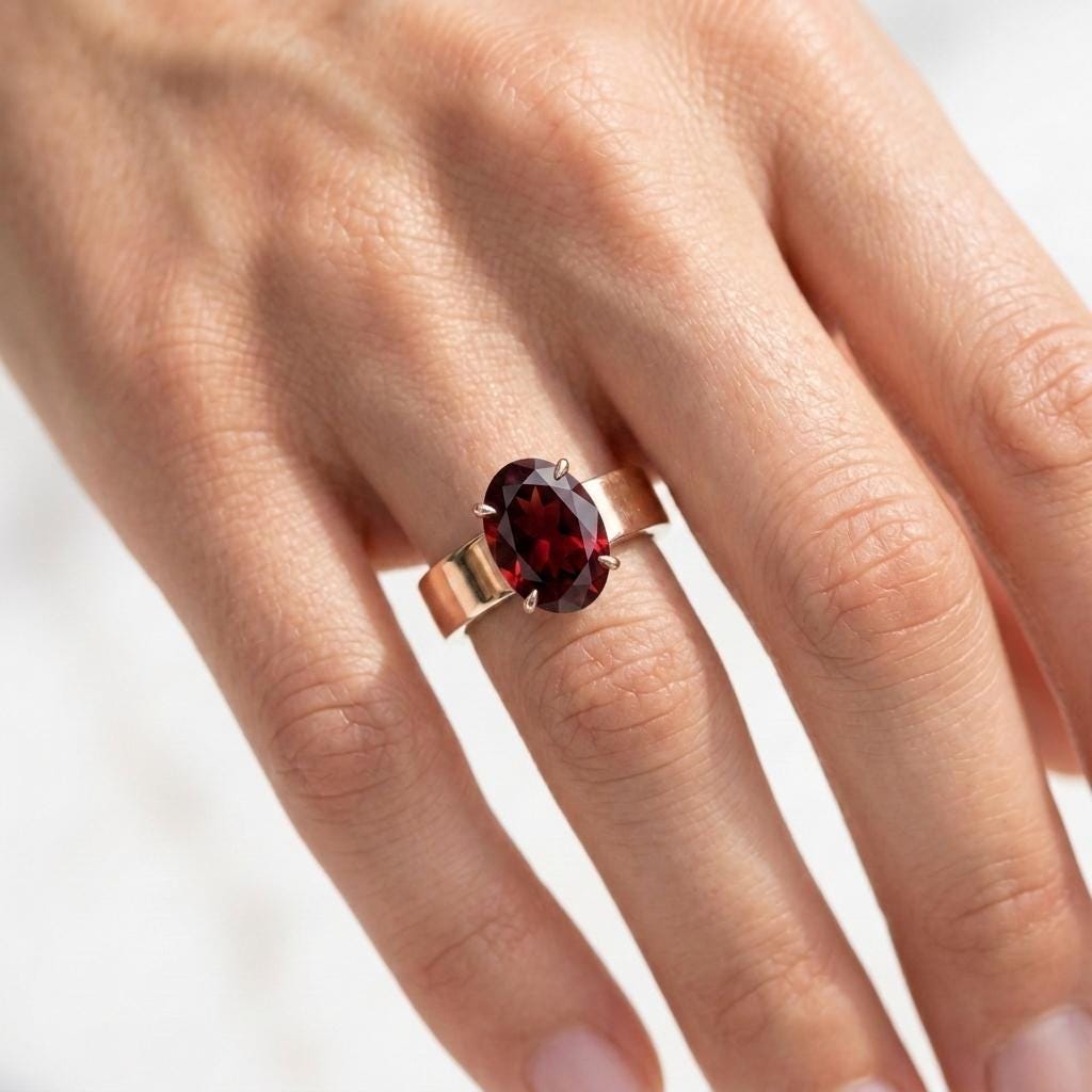 Men's Oval Garnet Solitaire Ring |  Wide Cigar Band Ring for Men | 18K Gold Plated 925 Silver | Red Gemstone Ring | Unisex Statement Ring
