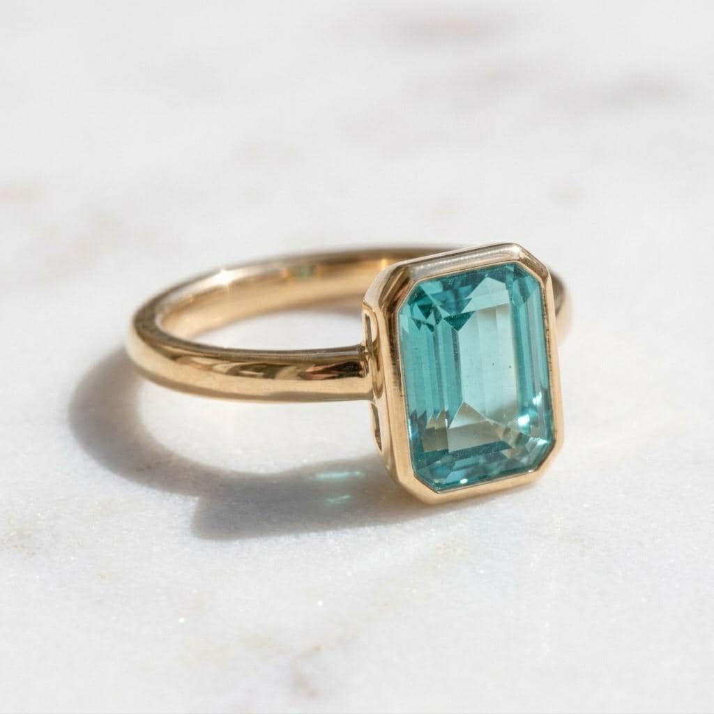 Tear Blue Topaz Ring Gold | Emerald Cut Bezel Solitaire | 18k Gold plated 925 Silver | Statement Ring | Birthday gift for her