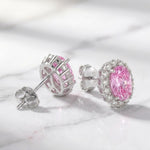 Load image into Gallery viewer, Pink Moissanite Stud Earrings | Oval Halo Earrings | 925 Sterling Silver | Pink Gemstone Studs | Moissanite Jewelry | Anniversary Gift Her