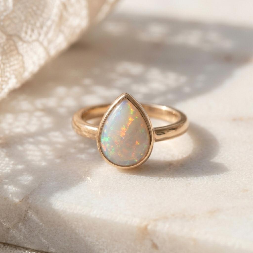 Natural Fire Opal Ring | Pear Cut Opal Bezel Ring Sterling Silver | Rose Gold Plated Ring | Engagement Ring | Boho Opal Ring