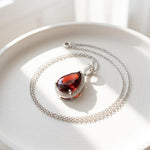 Load image into Gallery viewer, Red Garnet Pendant Necklace | Pear Cut Halo Pendant | 925 Sterling Silver | Garnet Jewelry | January Birthstone Gift | Statement Necklace