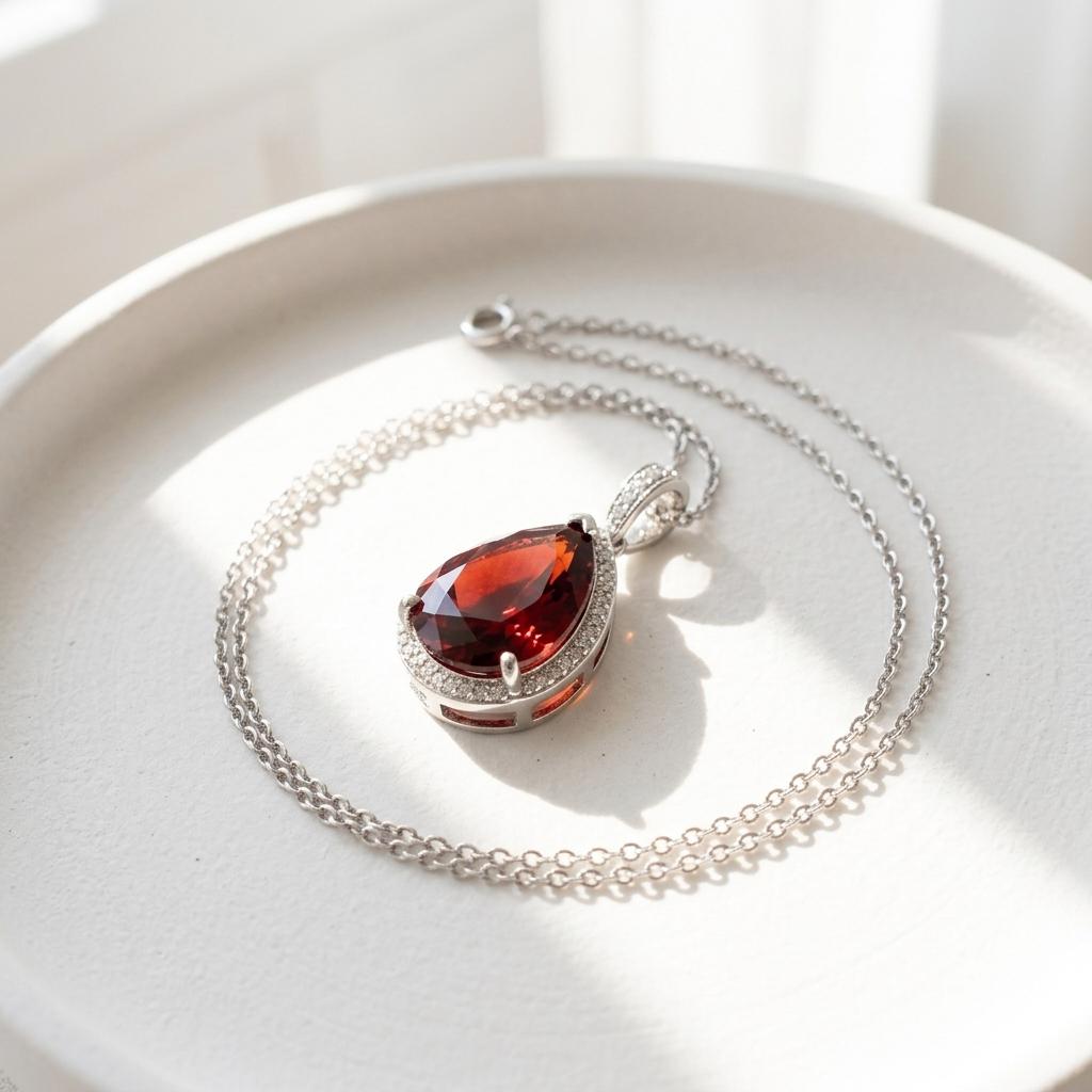 Red Garnet Pendant Necklace | Pear Cut Halo Pendant | 925 Sterling Silver | Garnet Jewelry | January Birthstone Gift | Statement Necklace