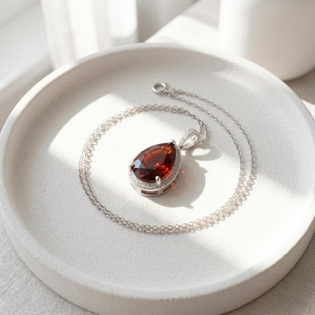 Red Garnet Pendant Necklace | Pear Cut Halo Pendant | 925 Sterling Silver | Garnet Jewelry | January Birthstone Gift | Statement Necklace