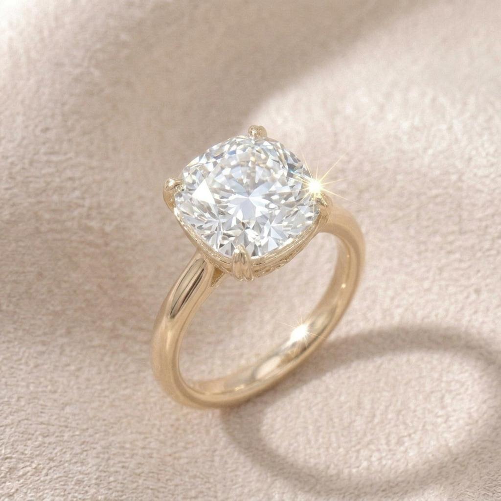 2CT Cushion Cut Moissanite Engagement Ring | 14k Gold Plated Solitaire | Vintage Filigree Double Prong Ring | Sterling Silver | Anniversary