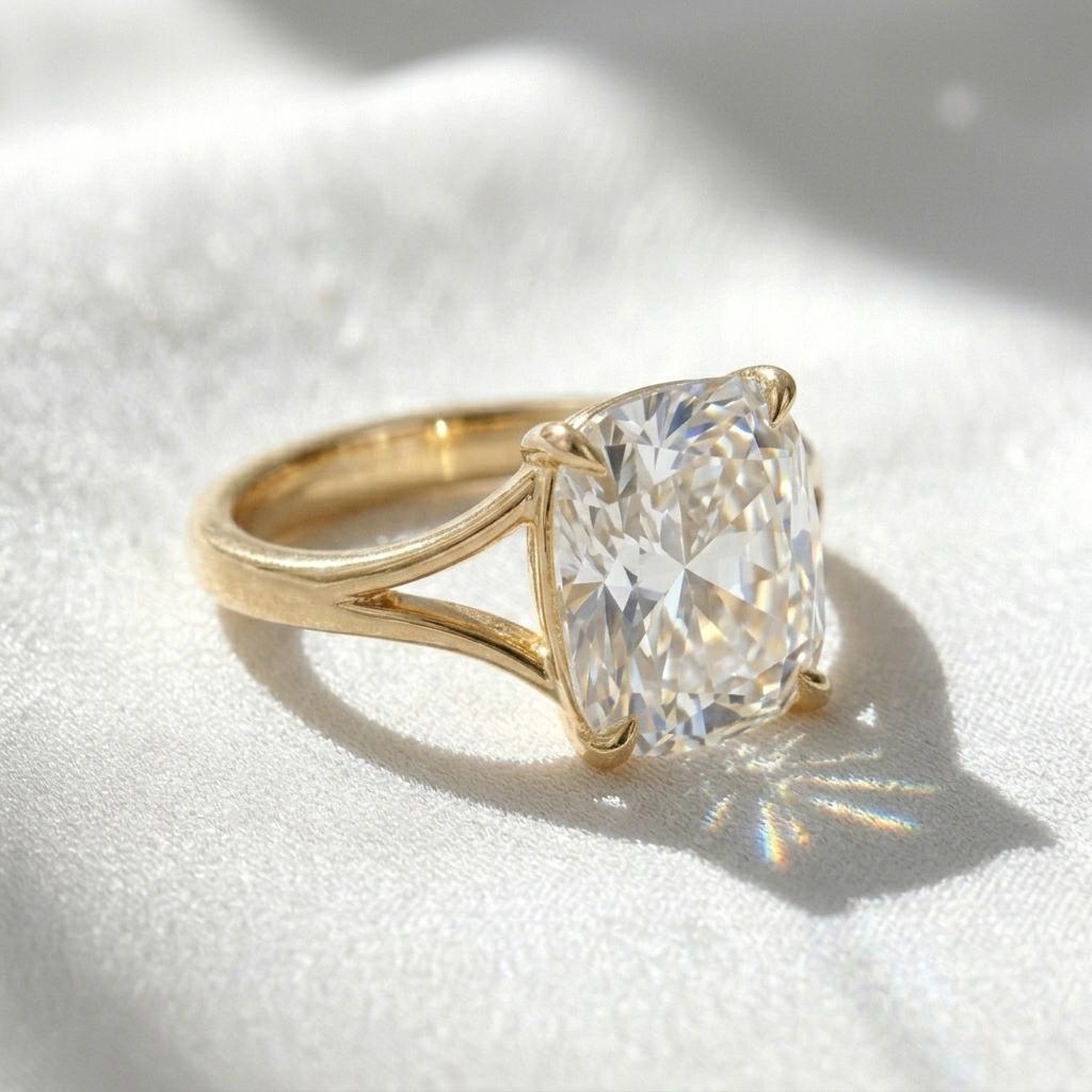 Cushion Cut Moissanite Ring | 18K Gold Plated Solitaire Engagement Ring | Split Shank 4 Prong | Diamond Alternative Ring | Gift For Women