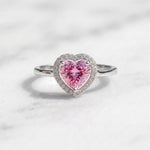 Load image into Gallery viewer, Pink Heart Halo Ring | Heart Cut CZ Stone Ring | 18K Gold Plated 925 Silver | Diamond Halo Engagement Ring | Promise Ring For Her