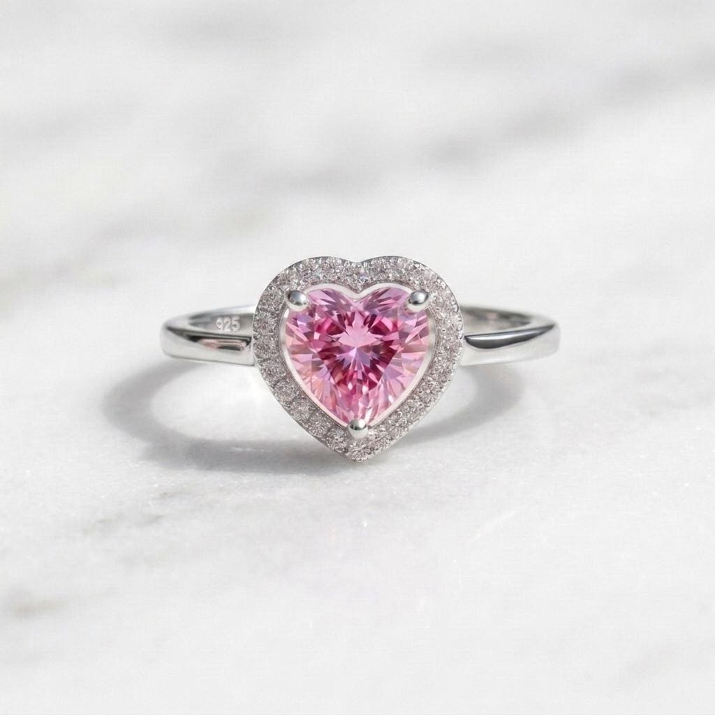Pink Heart Halo Ring | Heart Cut CZ Stone Ring | 18K Gold Plated 925 Silver | Diamond Halo Engagement Ring | Promise Ring For Her
