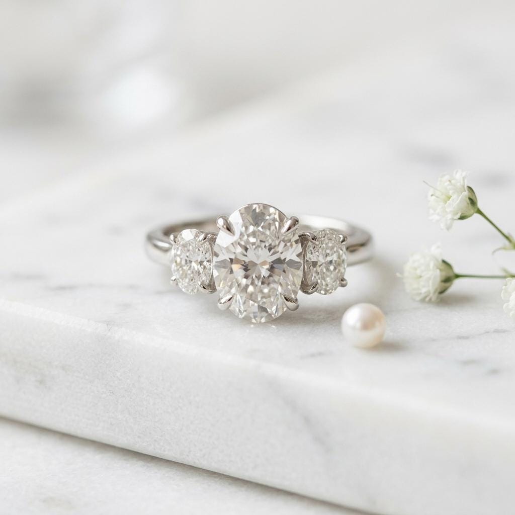 3CT Oval Moissanite Engagement Ring | Three Stone Lab Diamond Alternative | 925 Sterling Silver Wedding Band | Anniversary Gift For Her