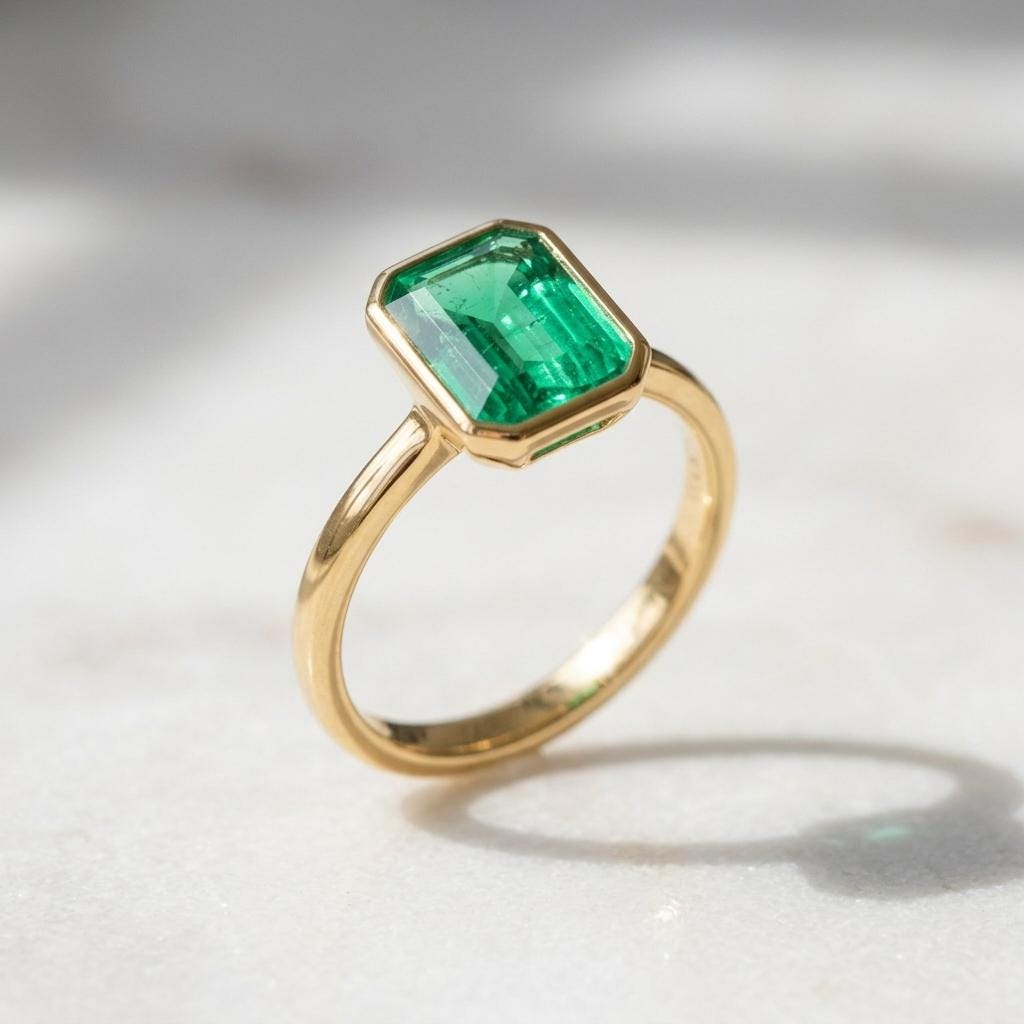 Emerald Solitaire Ring | 18K Gold Bezel Ring | Emerald Cut Engagement Ring | Minimalist Statement Ring | May Birthstone Ring