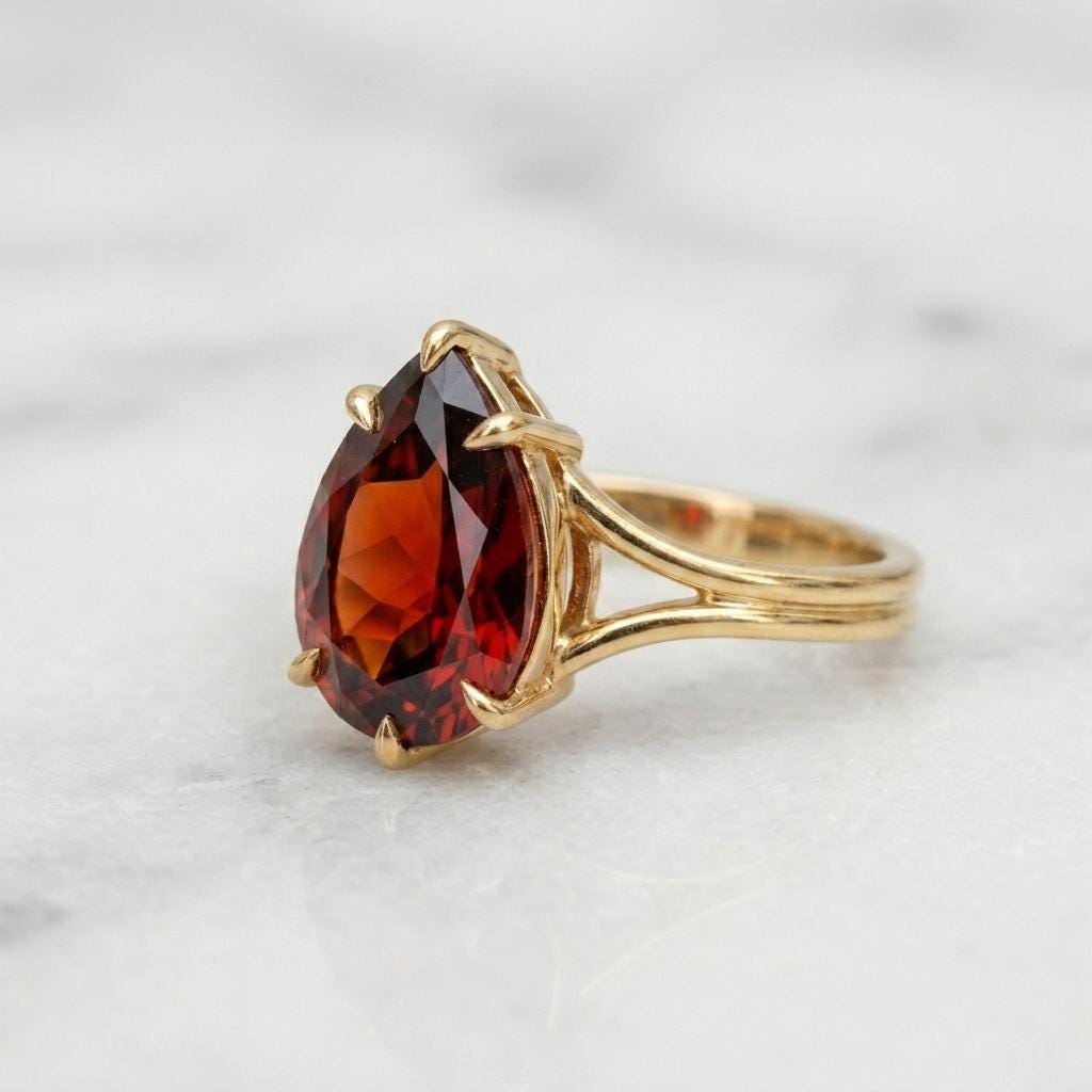Pear Cut Red Garnet Split Shank Solitaire Ring