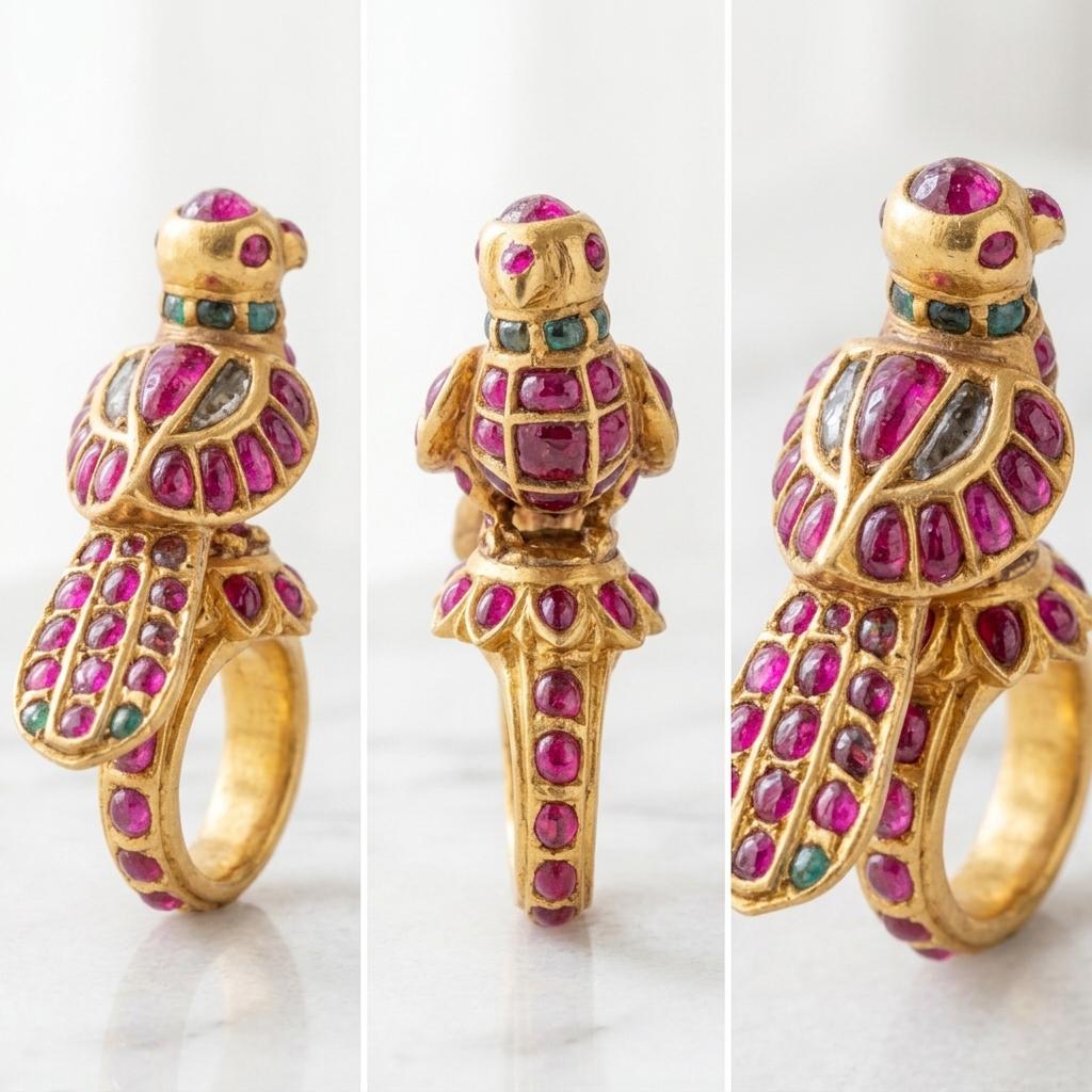 Handcrafted Mughal Parrot Ring | Ruby & Emerald 925 Sterling Silver Statement Jewelry