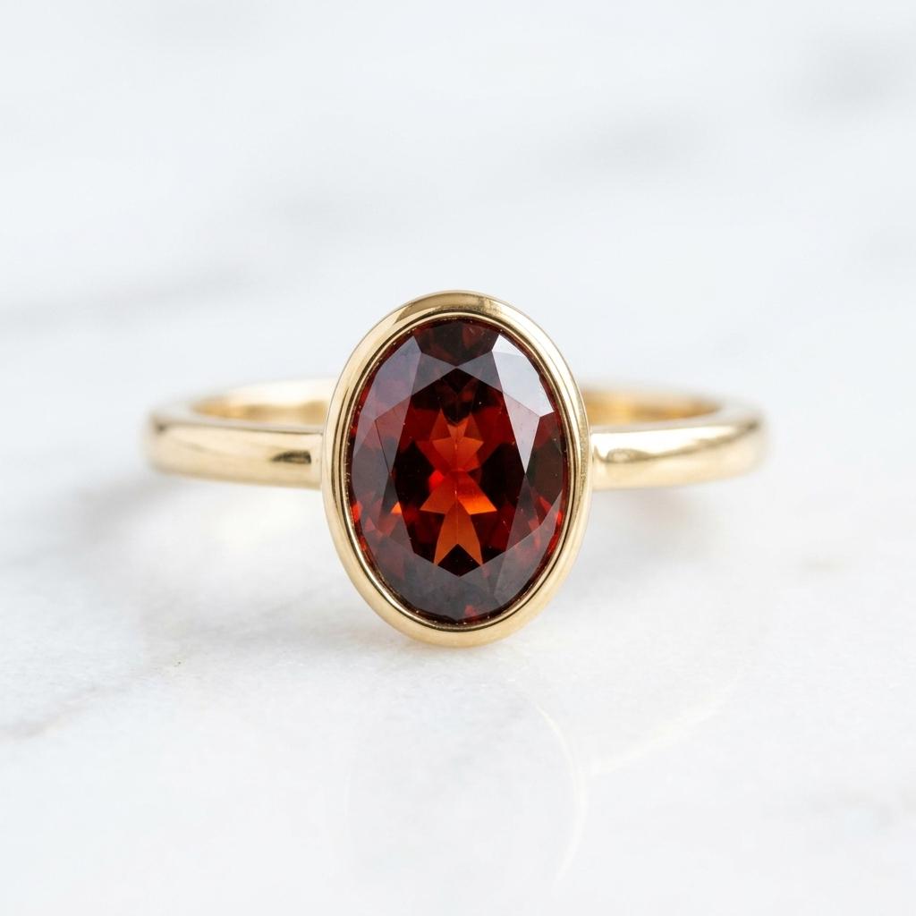 Oval Garnet Solitaire Ring 925 Silver Gold Plated | Bezel Set Red Gemstone Ring | January Birthstone Gift | Minimalist Statement Ring