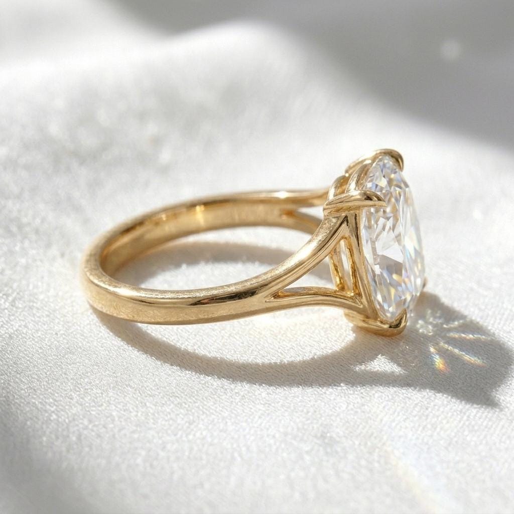 Cushion Cut Moissanite Ring | 18K Gold Plated Solitaire Engagement Ring | Split Shank 4 Prong | Diamond Alternative Ring | Gift For Women