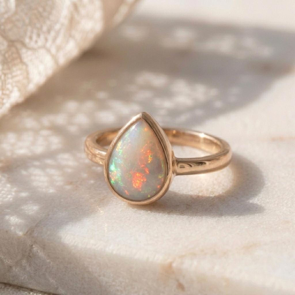 Natural Fire Opal Ring | Pear Cut Opal Bezel Ring Sterling Silver | Rose Gold Plated Ring | Engagement Ring | Boho Opal Ring