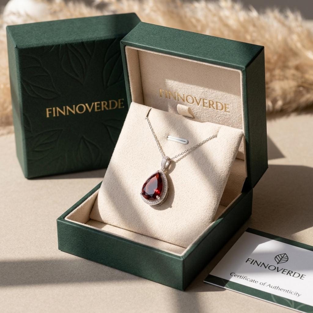 Red Garnet Pendant Necklace | Pear Cut Halo Pendant | 925 Sterling Silver | Garnet Jewelry | January Birthstone Gift | Statement Necklace