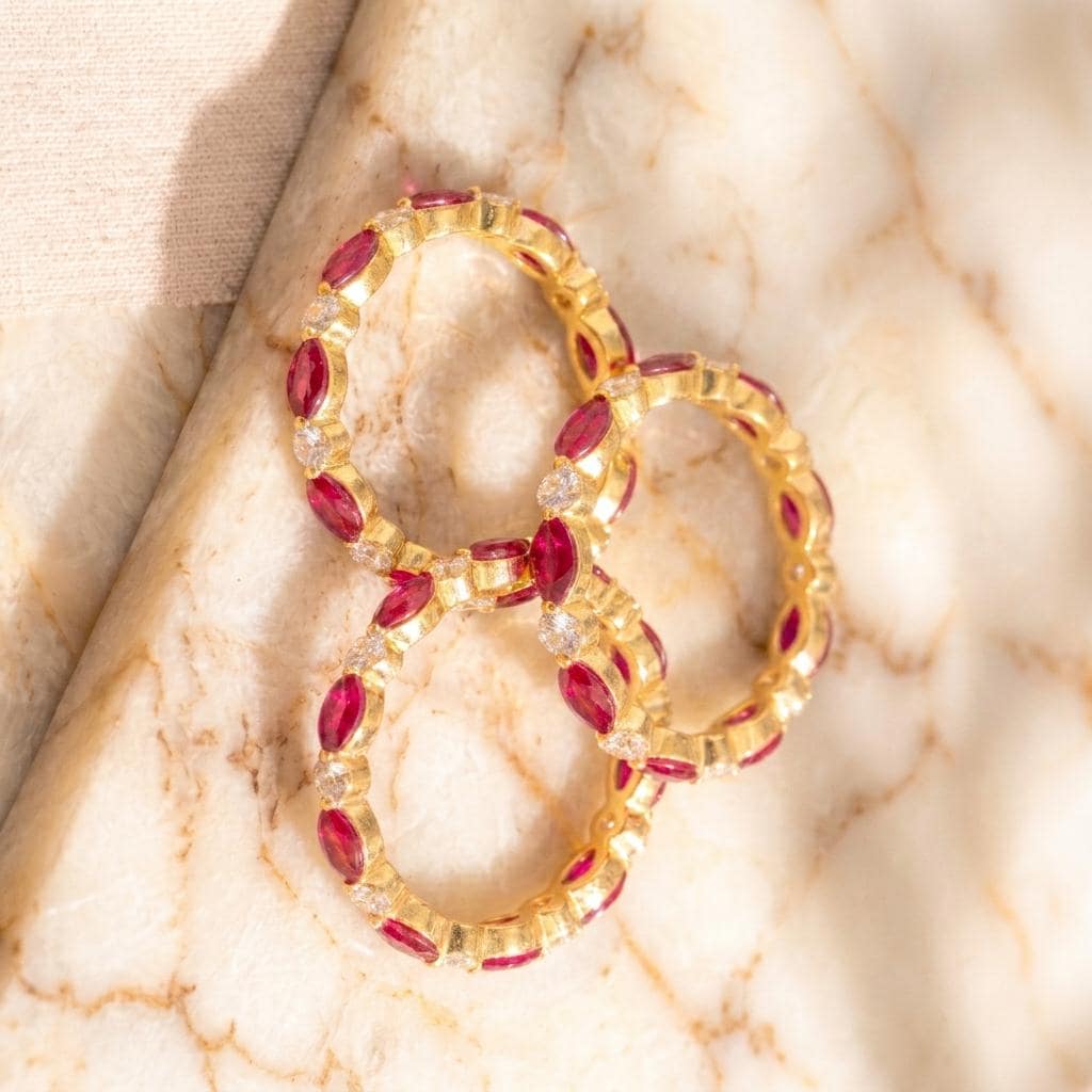 Ruby Moissanite Eternity Band Ring | Marquise Round Alternating Wedding Band | 18k Gold Plated 925 Silver | Stacking Bridal Anniversary Ring