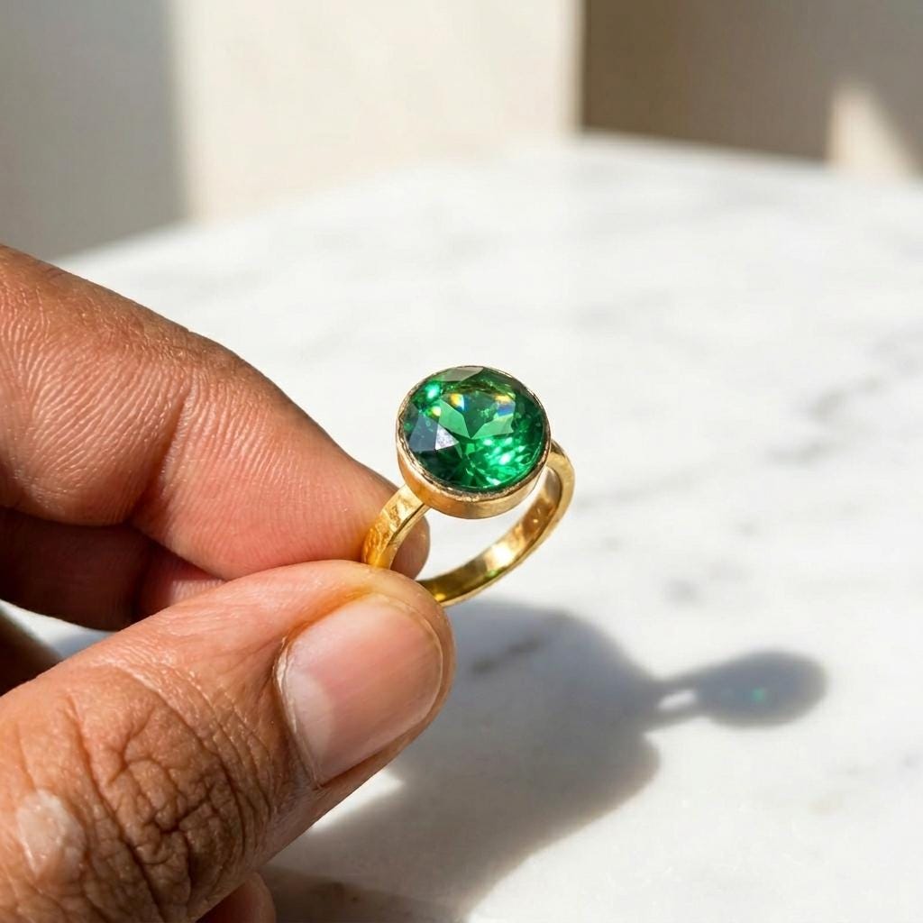 Round green Emerald Ring | Bezel Set Solitaire Ring | Hammered Band Statement Ring | May Birthstone Ring | Gift For Her