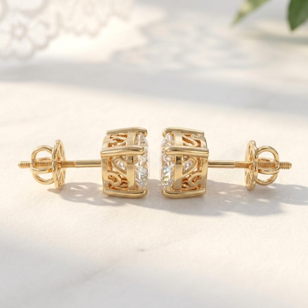 Moissanite Stud Earrings Gold | Round Brilliant Filigree Basket Setting | 18k Gold Plated 925 Silver | Bridal Earrings | Gift For Her